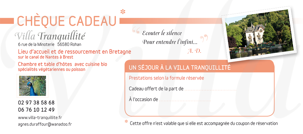 chèque dadeau de la Villa Tranquillité